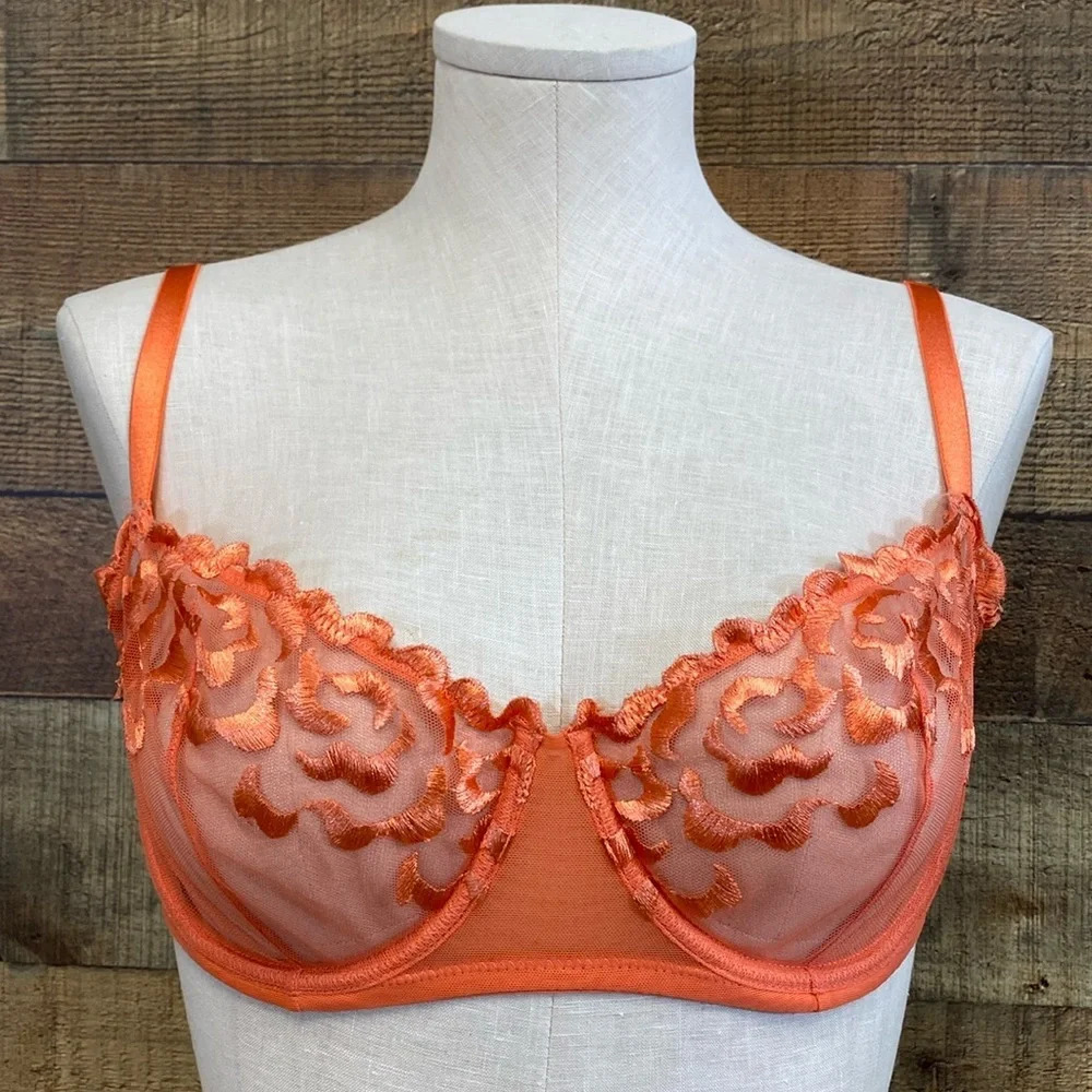 Adore Me Coral Orange Bra Women’s 32 DDD Lace Underwire Mesh